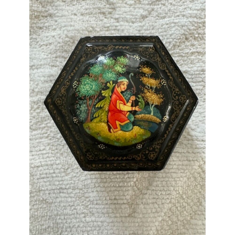 Russian Palekh Lacquer Folklore 2 tier hand-painted box.